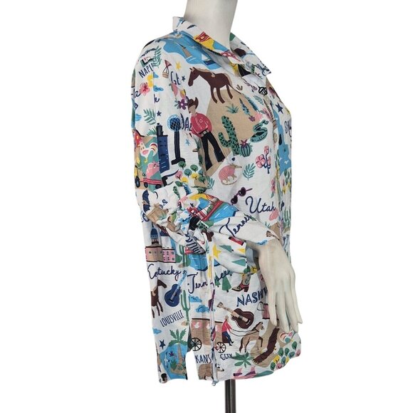 John Mark Womens  Retro American Cities 3/4 Sleeve Button Up Shirt  Size 2X 53 - Picture 4 of 14